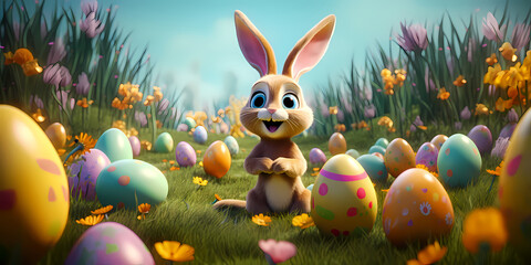 A happy smiling Easter Bunny and colorful easter eggs