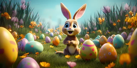Poster A happy smiling Easter Bunny and colorful easter eggs © Orkidia