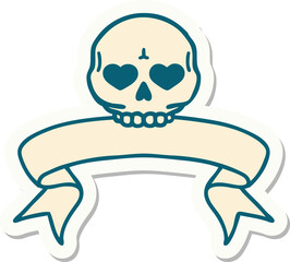tattoo style sticker with banner of a skull