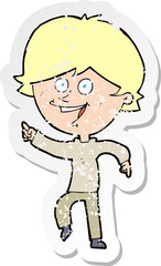 retro distressed sticker of a cartoon happy pointing man