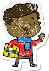 distressed sticker of a cartoon man carol singing