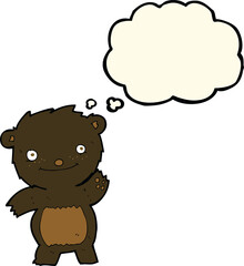 cartoon waving black bear cub with thought bubble