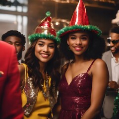 People wearing festive outfits and accessories at a party