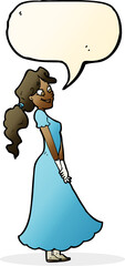 cartoon pretty woman in dress with speech bubble