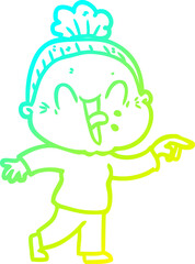 cold gradient line drawing of a cartoon happy old woman