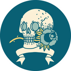 tattoo style icon with banner of a skull and rose