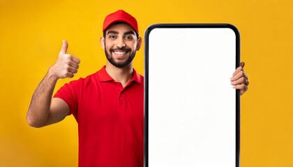  Great Application Concept. Delivery worker guy standing near big smartphone gesturing thumbs up advertising and approving new app for cellphone over yellow background. Online assistant.
