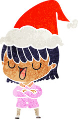 hand drawn retro cartoon of a woman wearing santa hat