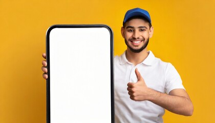 Great Application Concept. Delivery worker guy standing near big smartphone gesturing thumbs up advertising and approving new app for cellphone over yellow background. Online assistant.	
