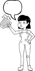 freehand drawn speech bubble cartoon woman with beer