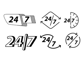 24-7 open concept. Twenty four hour open.Support service.Vector flat illustration.Steady available services.24 hours a day and 7 days a week. Isolated on white background.