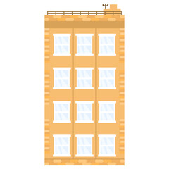 Cute four-storey town house. Brick building with white windows. Flat illustration. Orange cozy house. Isolated on white background.