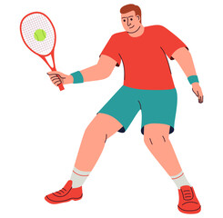 Male tennis player.Man playing tennis.Professional tennis player.Cartoon character player guy training with a racket in his hand. Isolated on white background.Vector flat illustration.