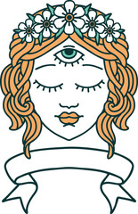 traditional tattoo with banner of female face with third eye and crown of flowers