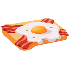 Fried eggs, bacon and toast.Delicious toast with eggs.Morning breakfast sandwich with a fried egg.Strips of fried crispy bacon.Vector flat illustration.Isolated on white background.