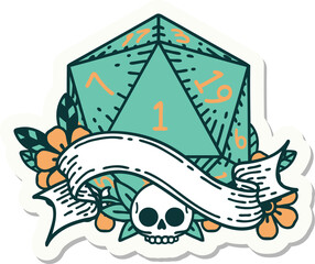 sticker of a natural one d20 dice roll