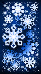 Vector illustration. Winter snowfall from snowflakes. Holiday, white layered paper, cut into snowflakes in Asian style, on a blue background. Mobile phone screensaver design. Chinese art, mobile app