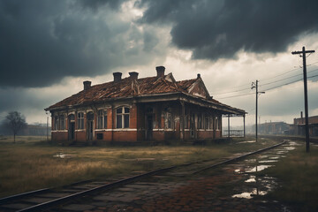 Obraz premium A brick building in a small town under stormy skies