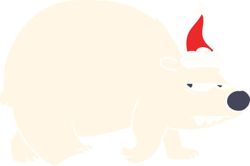 hand drawn flat color illustration of a angry polar bear wearing santa hat