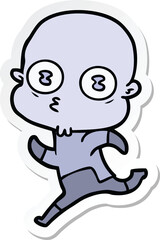 sticker of a cartoon weird bald spaceman