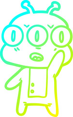 cold gradient line drawing of a cartoon three eyed alien waving