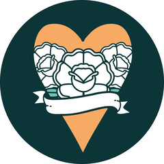 iconic tattoo style image of a heart and banner with flowers