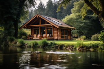 A wooden chalet situated by a peaceful river - offering a tranquil fishing spot and natural setting - in a remote and idyllic location for a peaceful getaway.