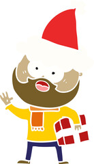 hand drawn flat color illustration of a bearded man with present wearing santa hat