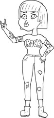 freehand drawn black and white cartoon rock girl
