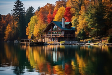 Fototapeta premium A lakeside chalet during autumn - surrounded by colorful foliage with reflections in the water - offering a tranquil retreat amidst natural beauty and serene lake views.