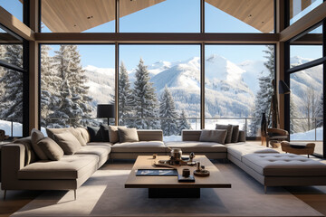 A modern chalet featuring floor-to-ceiling windows and a minimalist design - filled with natural light - offering contemporary comfort and sleek architecture.