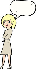 cartoon woman in trench coat with speech bubble