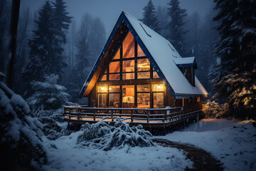 A chalet nestled in the heart of a snowy forest - with a soft glow emanating from its windows during a snowstorm - surrounded by serene snow-covered trees in a winter wonderland.
