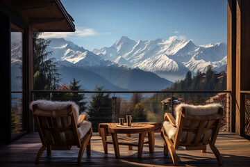Fototapeta na wymiar A chalet balcony offering panoramic views of the mountains - equipped with outdoor seating - perfect as a morning coffee spot amidst breathtaking scenery at a high altitude.