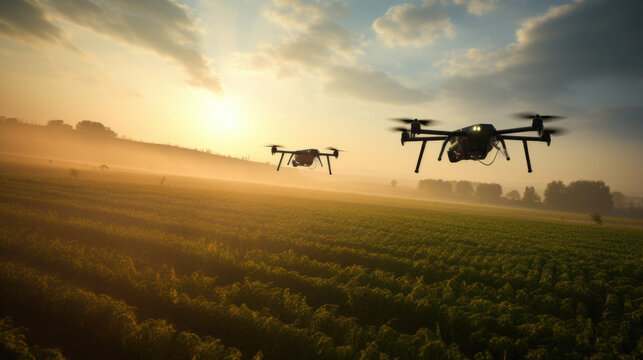 Drones flying over a golden wheat field at sunrise, with a serene rural landscape in the background.