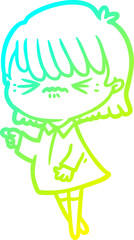 cold gradient line drawing of a annoyed cartoon girl making accusation