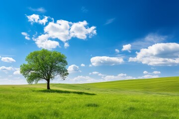 Fototapeta na wymiar Lonely Tree in Colorful Landscape: Meadow, Blue Sky, Summer Feel