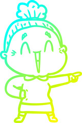 cold gradient line drawing of a cartoon happy old lady