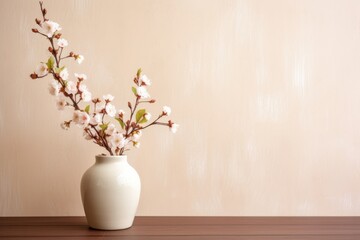 Blooming Branch: Ceramic Vase on Wooden Table, Home Interior