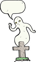 cartoon ghost rising from grave with speech bubble