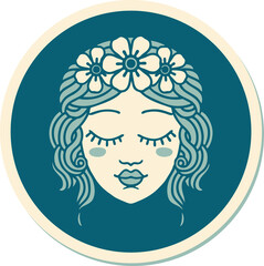 sticker of tattoo in traditional style of female face with eyes closed