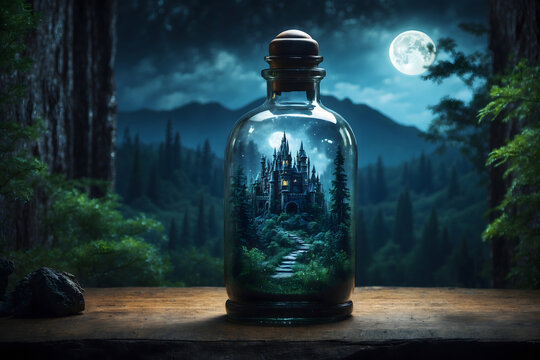 A bottle with a castle inside, with a full moon shining out of the bottle,