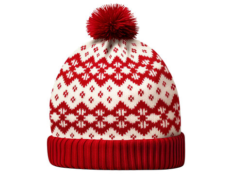 Red and white knitted beanie hat for cold winter days isolated on transparent background.