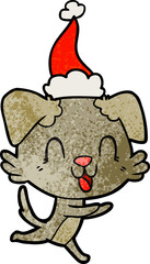 laughing hand drawn textured cartoon of a dog wearing santa hat