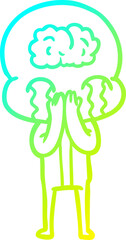 cold gradient line drawing of a cartoon big brain alien crying