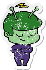 distressed sticker of a friendly cartoon spaceman