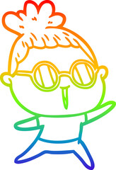 rainbow gradient line drawing of a cartoon woman wearing spectacles