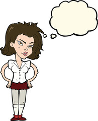 cartoon woman with hands on hips with thought bubble