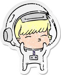 distressed sticker of a cartoon curious astronaut