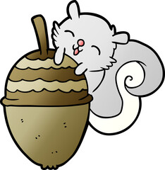 cartoon little squirrel and huge acorn